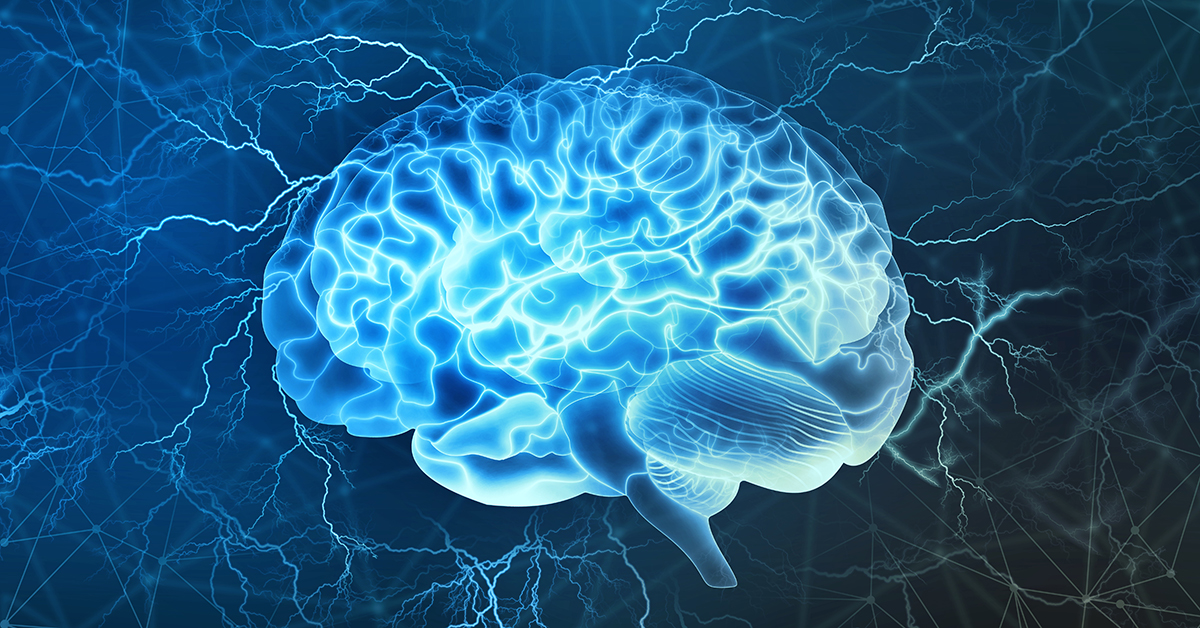 Human brain digital illustration. Electrical activity, flashes and lightning on a blue background; blog: 9 Neurological Disorders You Need to Know